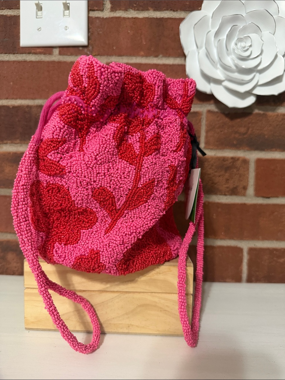 kate spade Pink and Red Beaded Floral Drawstring Crossbody